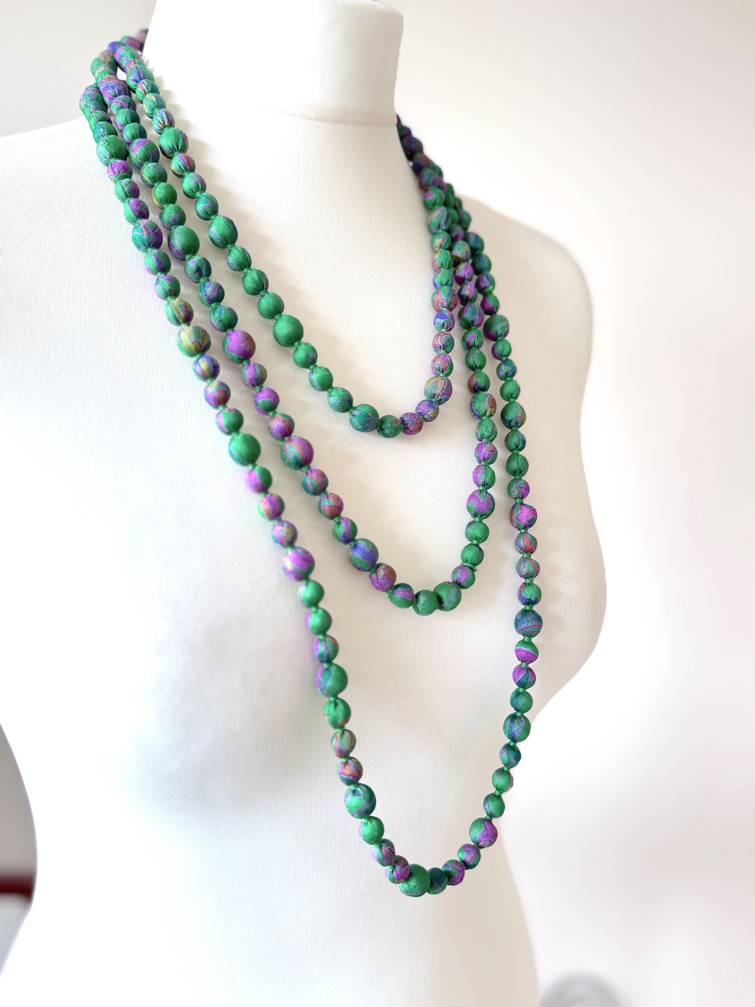 Green long beaded sari silk necklace