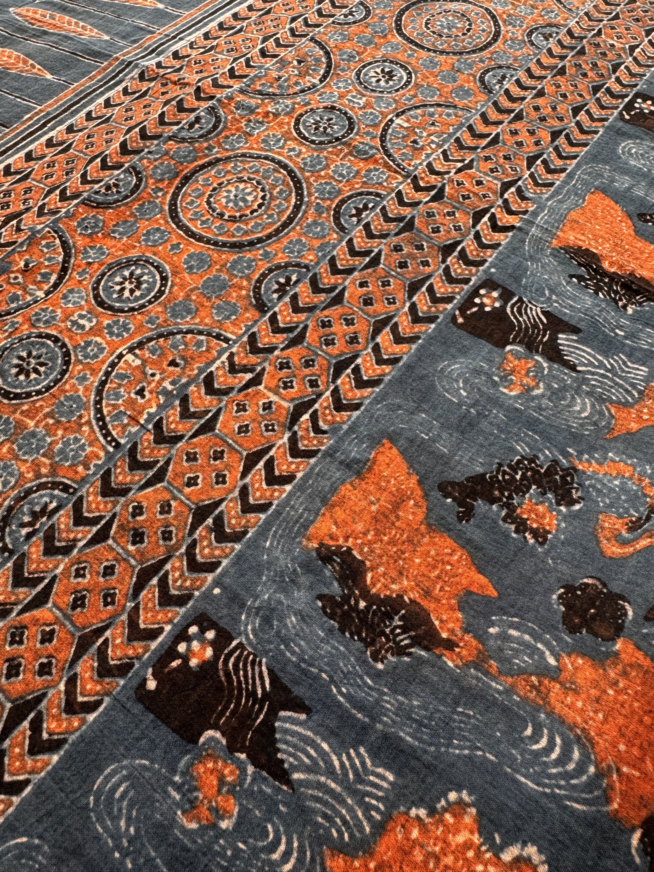 Detail of hexagon and chevron border in rust red, black and indigo on a hand block printed Ajrakh scarf