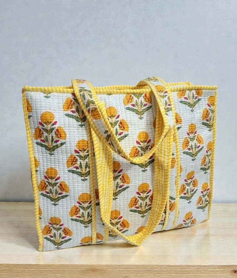 Floral Print Quilted Cotton Tote Bag