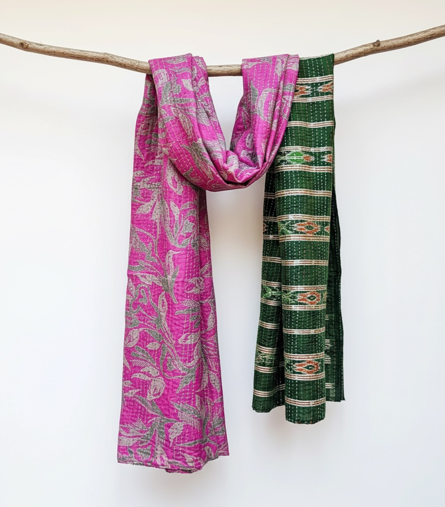 Aztec Recycled Sari Silk Scarf - Pink/Green