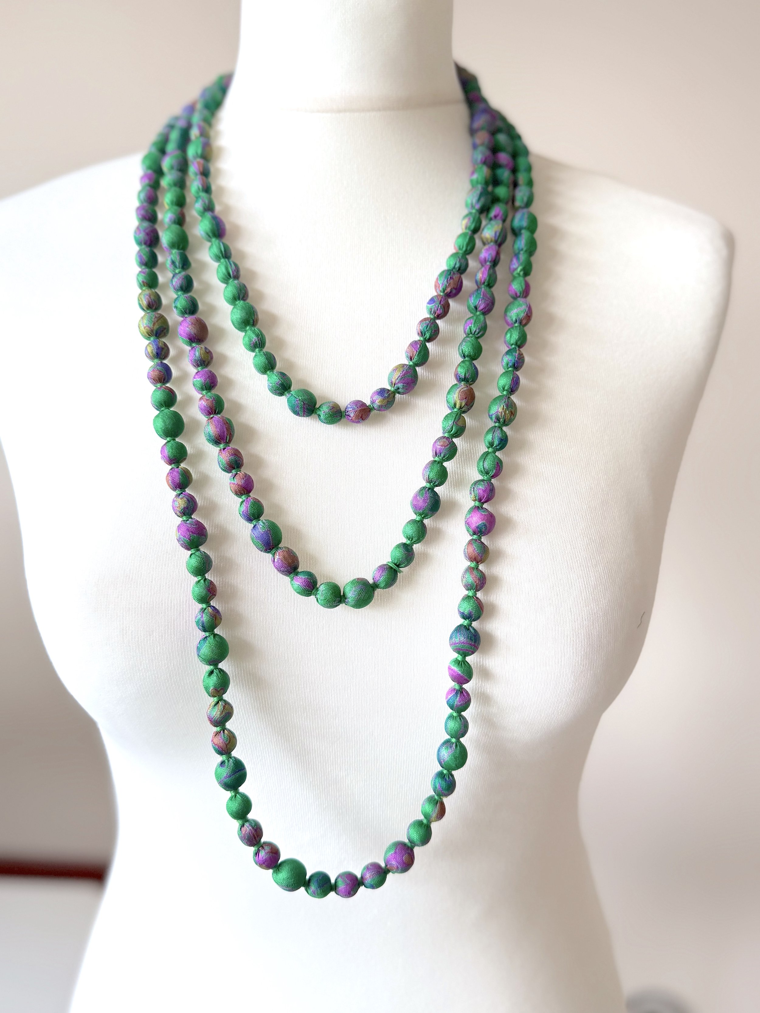 Green wood bead long sari silk necklace
