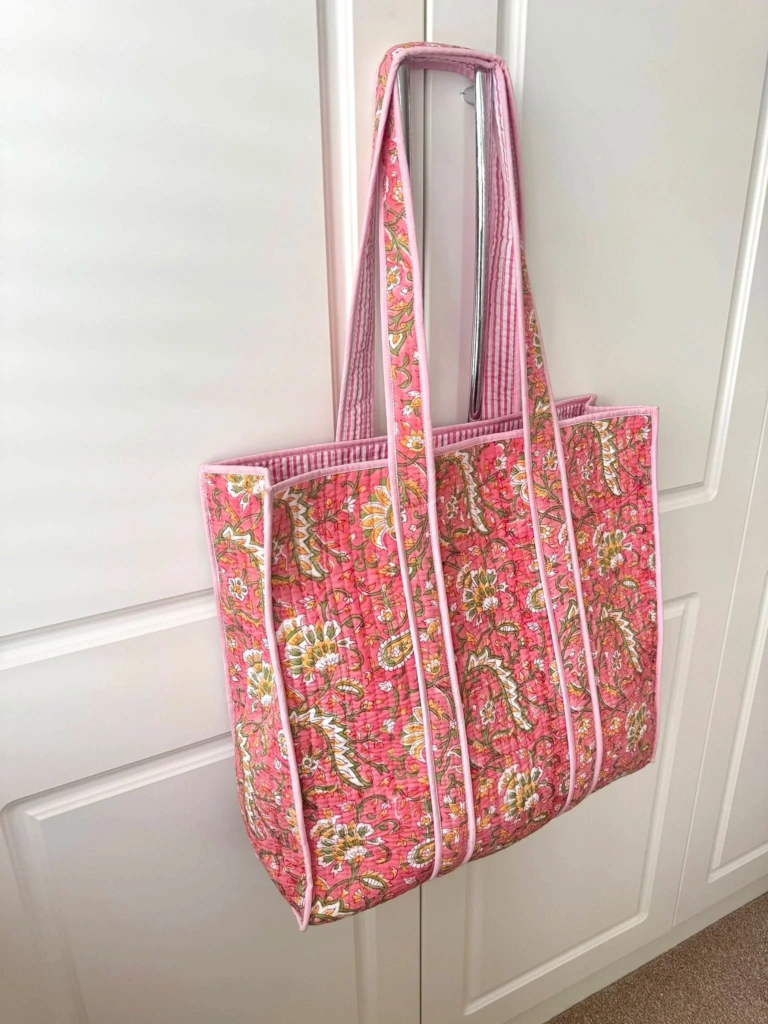 Colourful summer holiday quilted cotton tote bag with yellow, green and white floral print, handmade using the traditional art of block printing