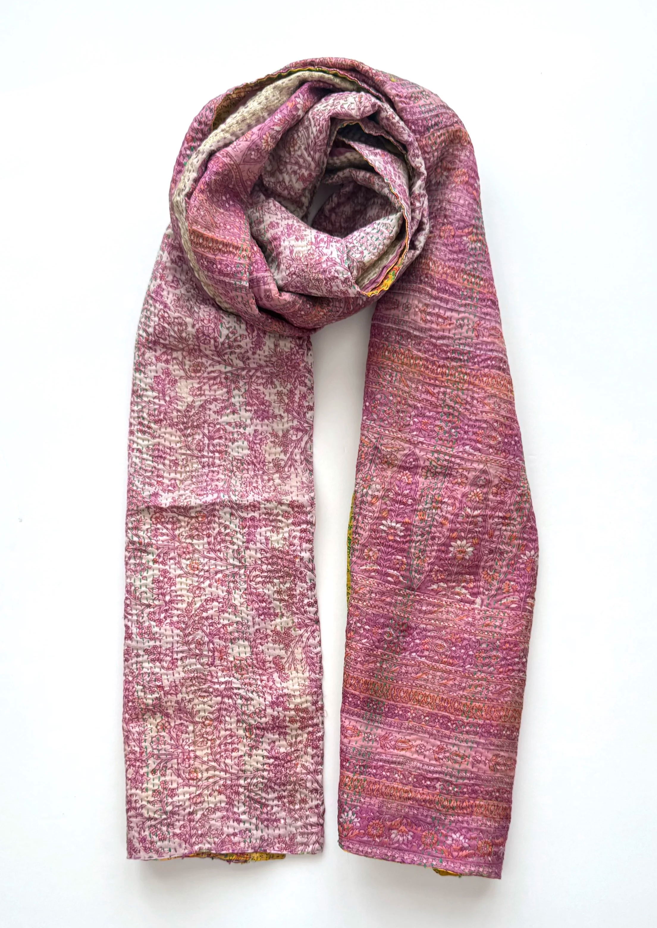Pink floral upcycled sari scarf made from vintage sari silk upcycled with kantha stitch.