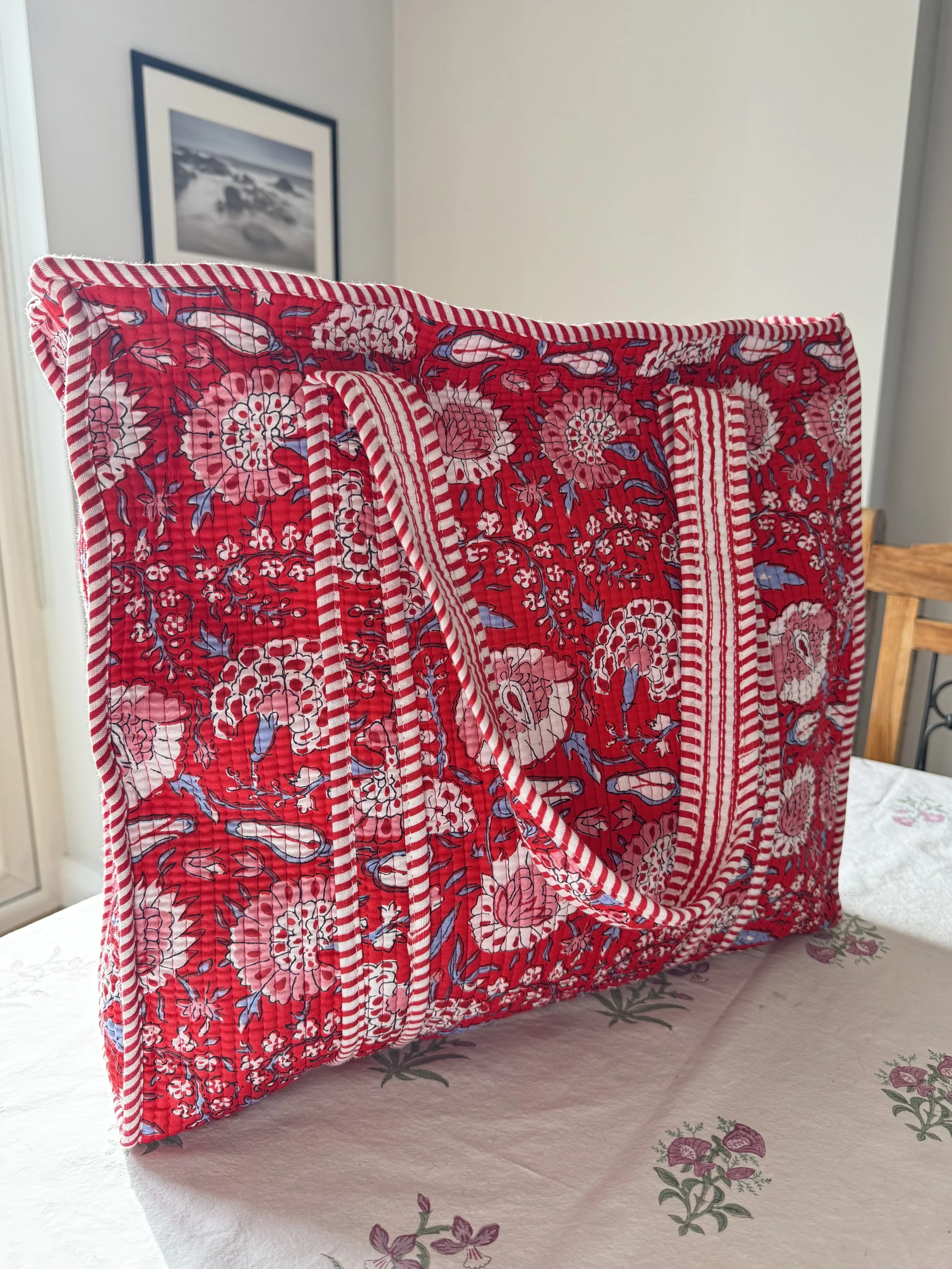 Handmade poppy red screen print quilted cotton tote bag by Jewelled Buddha, hand printed by artisans in Jaipur, India.