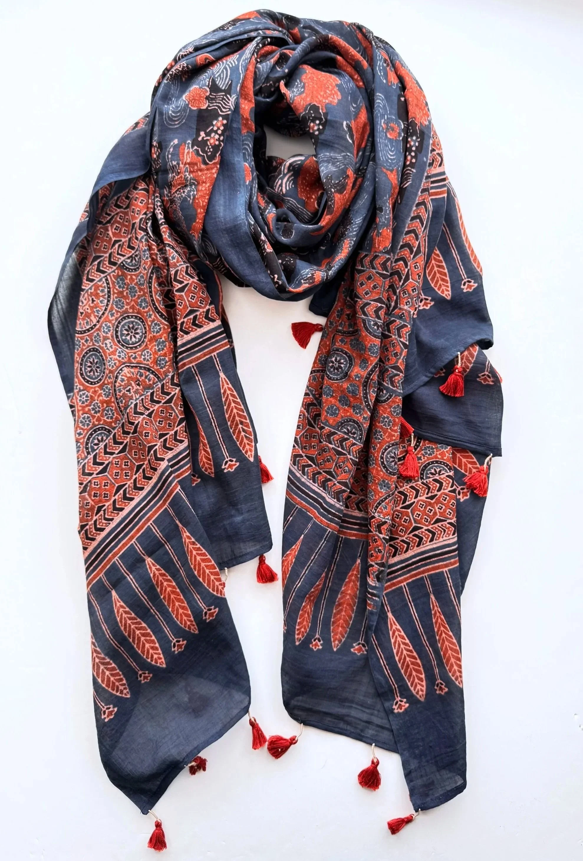 Red and blue Ajrakh cotton scarf with intricate geometric and floral patterns