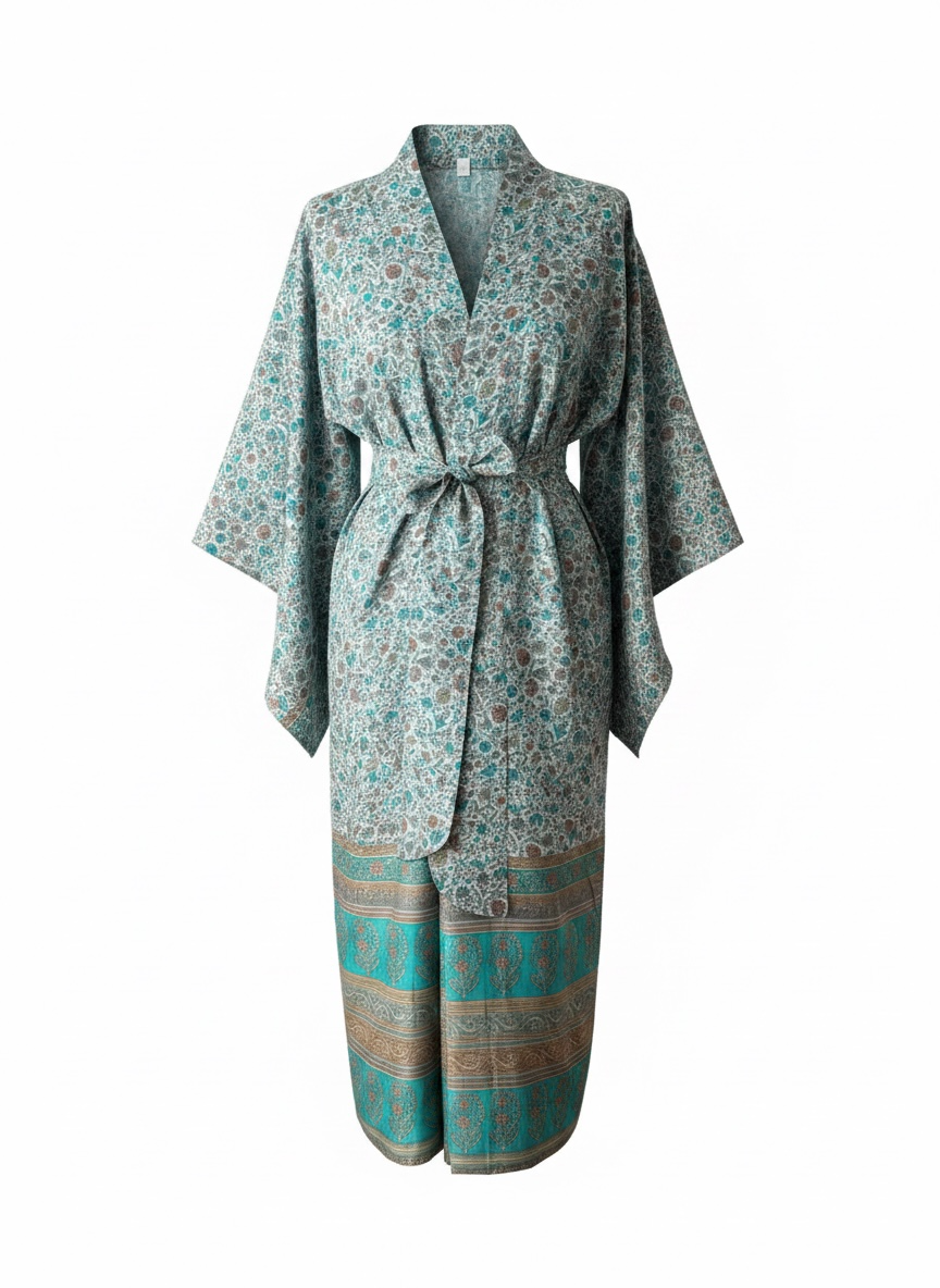 Recycled Sari Silk Kimono Robe - Powder Blue/Turquoise