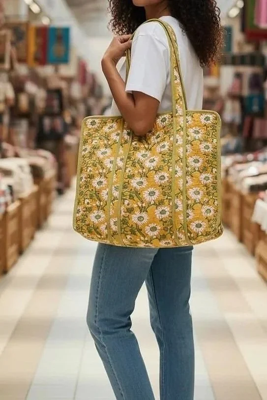 Daisy Block Print Tote Shopper - Yellow/Mustard