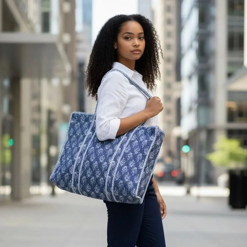 Botanical Print Large Quilted Tote For Women - Navy Bloom/White