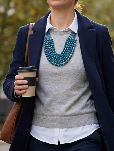Close up of blue beaded sari necklace