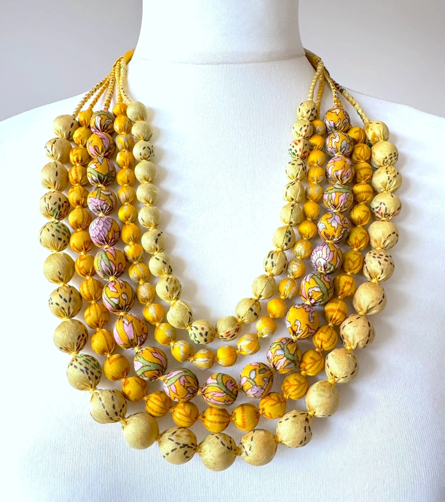 Yellow Wooden Bead Upcycled Sari Fabric Necklace — Jewelled