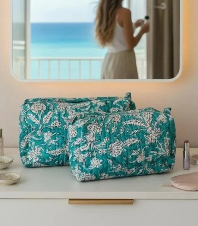 Floral Print Quilted Cotton Make Up Toiletry Bag Set - Turquoise/White