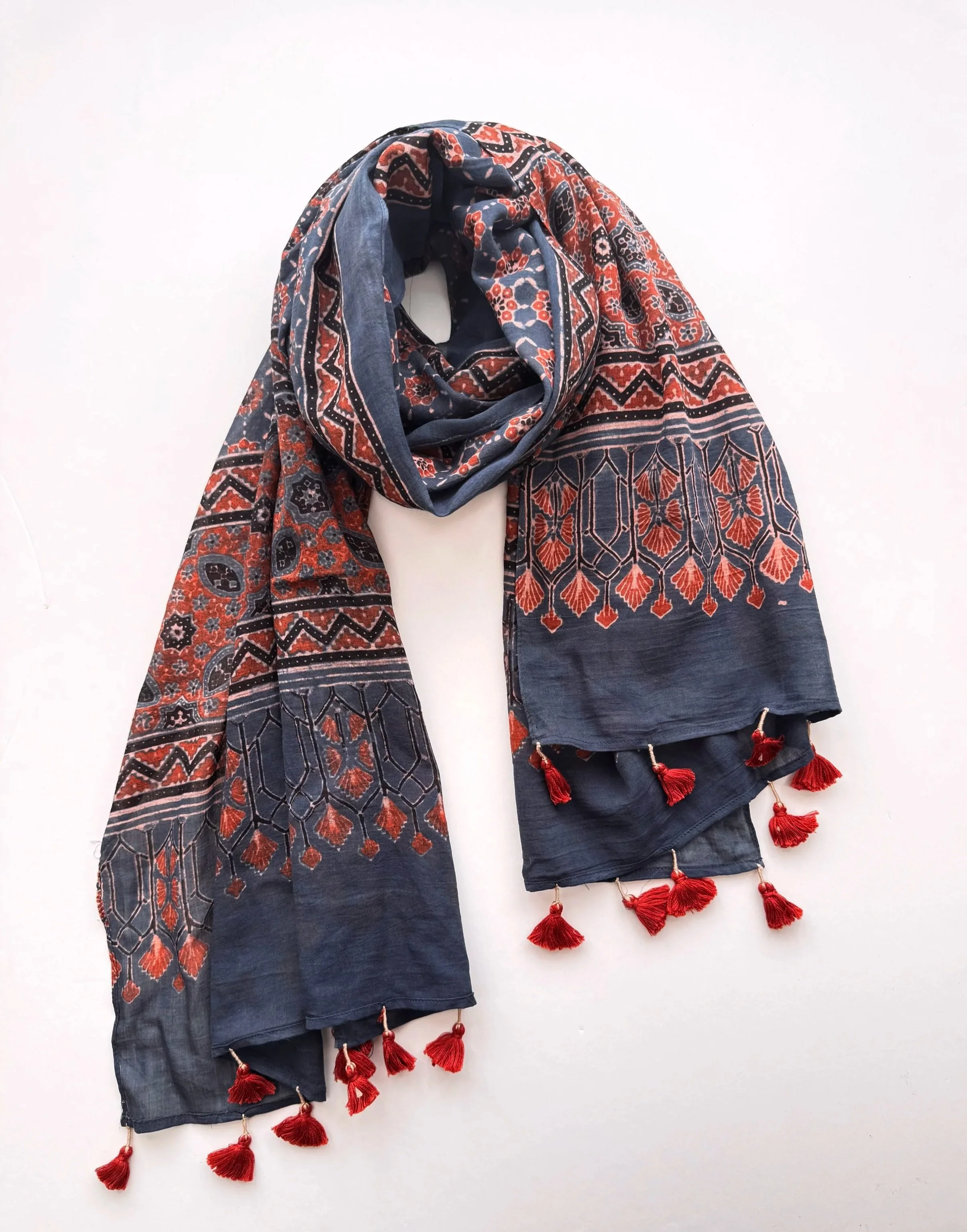 Indigo & Rust Ajrakh Scarf | Naturally Dyed Cotton