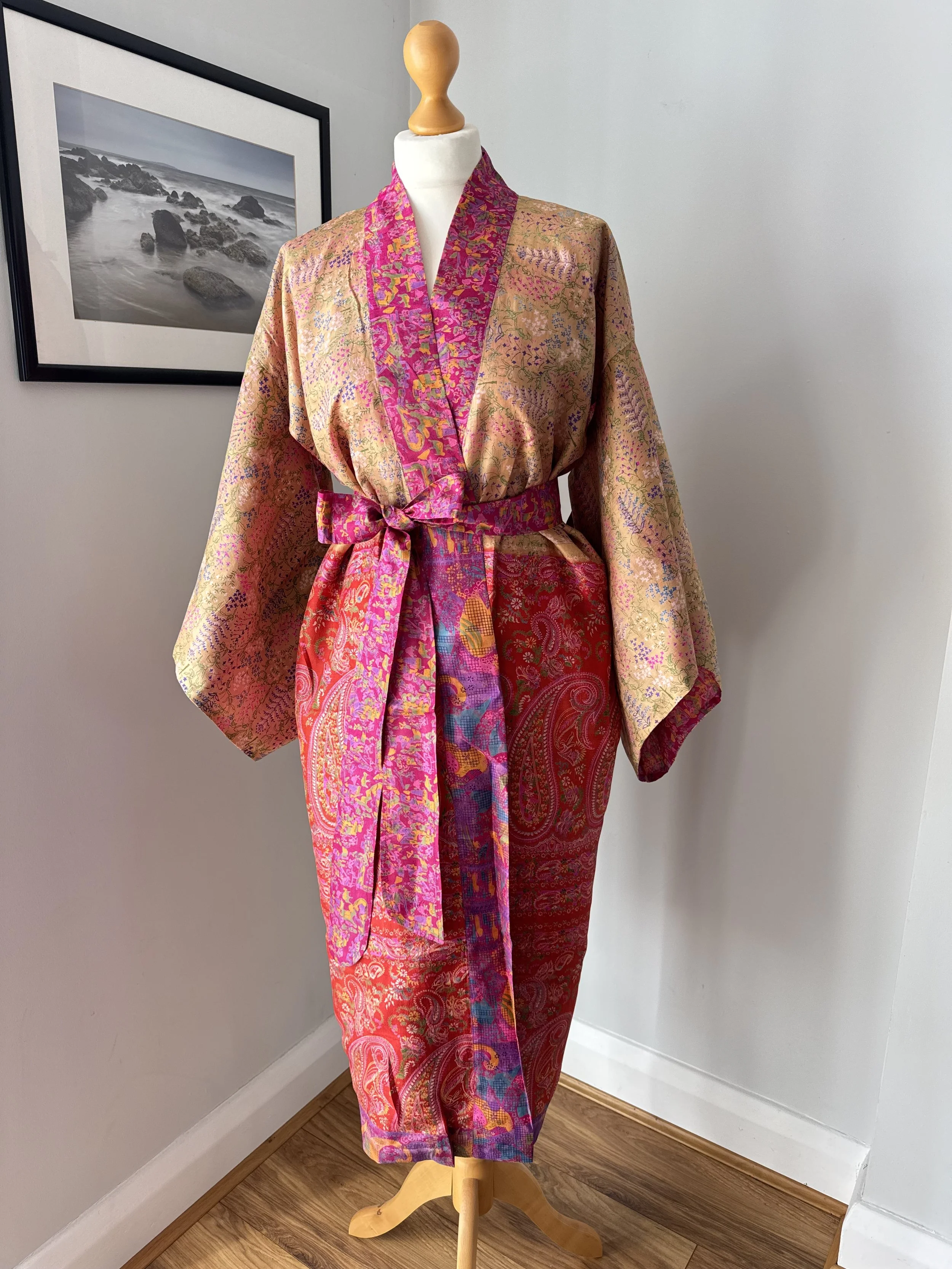 Upcycled sari silk kimono dressing gown showing inside lining in Champage gold and red