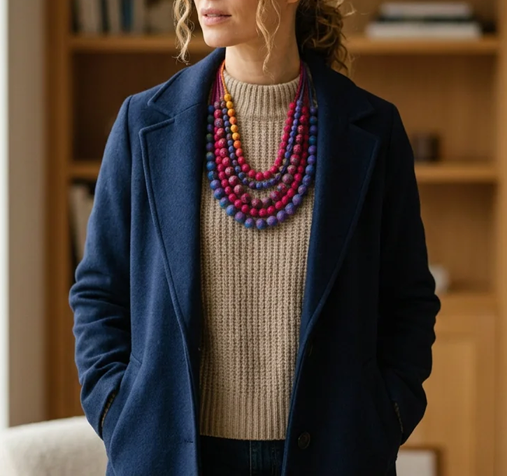Ai model wearing a beige jumper, navy long coat and colourful sari chunky bead necklace
