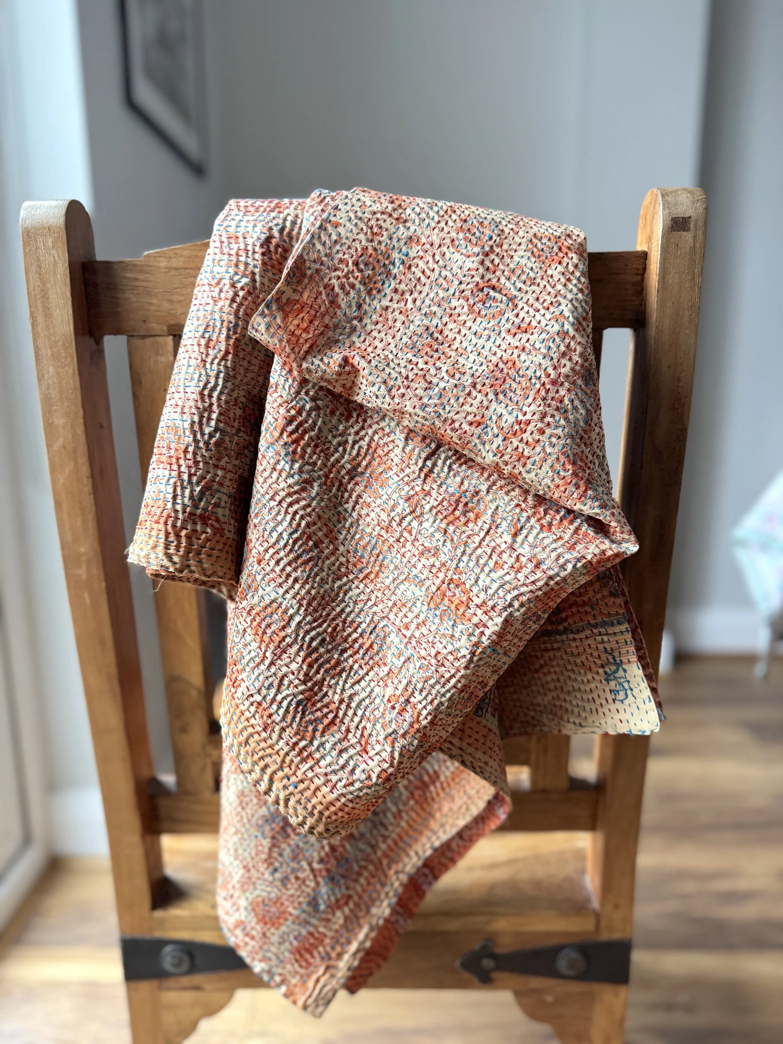 Floral vintage sari scarf handmade from upcycled sari skill which is hand embroidered all over with Kantha stitch.