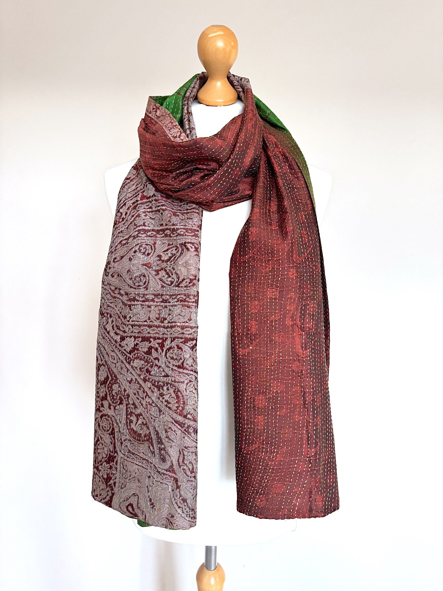 Handmade kantha sari scarf in Mocha