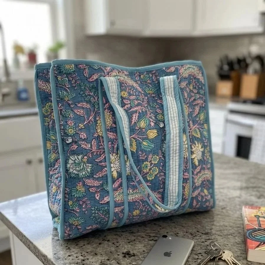 Sky Blue Block Print Quilted Cotton Tote Bag