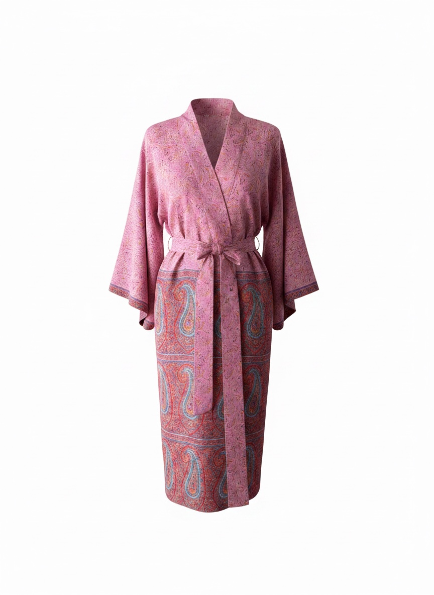 Blossom pink upcycled sari silk kimono bathrobe with contrasting red paisley print border and red floral lining with silk belt.