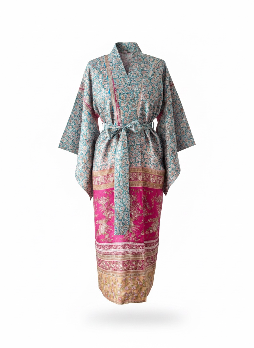 Upcycled sari silk kimono robe worn belted with a floral print, dramatic fuchsia sari border ethically handmade fashion.