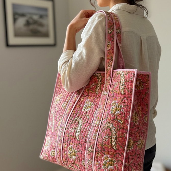 Woman with cream shirt carrying a handmade block print quilted cotton tote bag in pink with intricate floral design, pink striped handles and soft pink piping by Jewelled Buddha