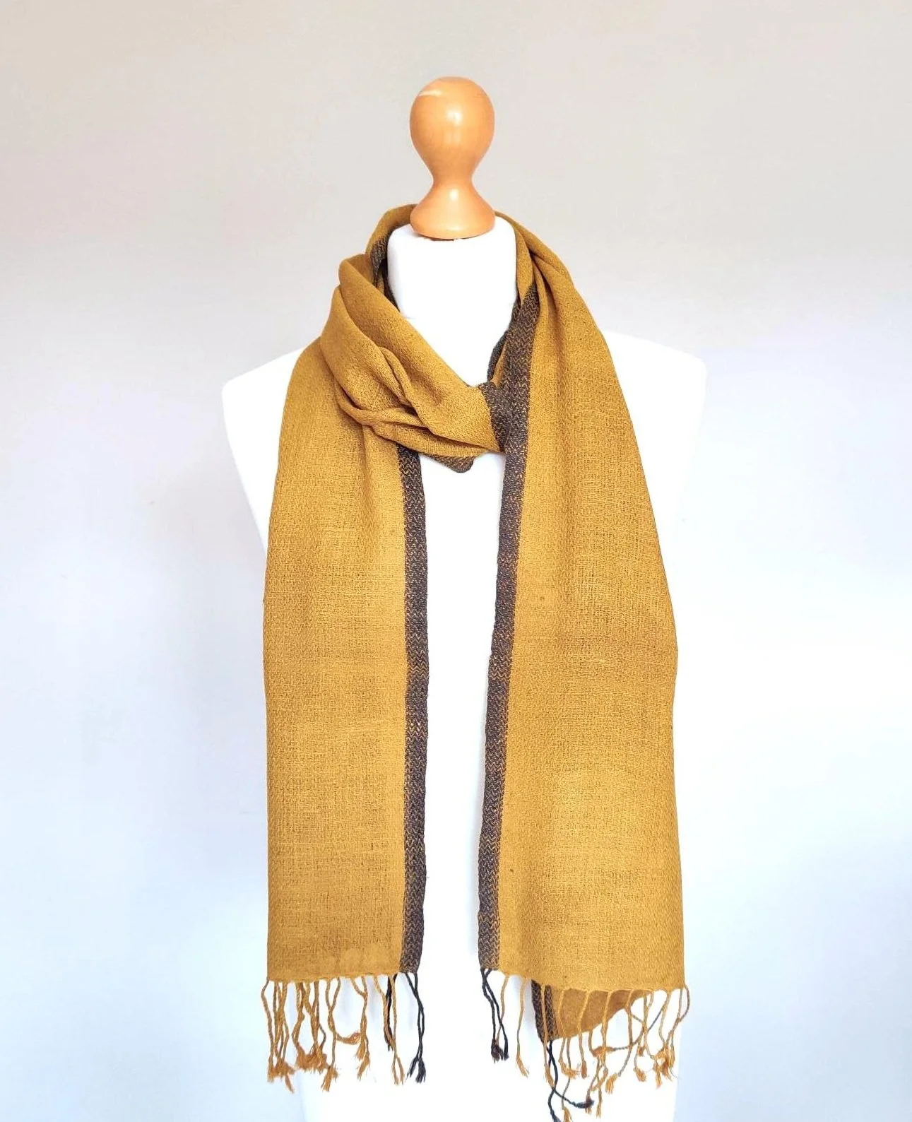 Soft Woven Eri Peace Silk Scarf Mustard Yellow/Taupe — Jewelled