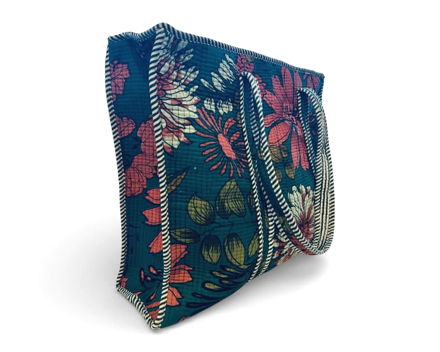 Floral quilted shopper bag with pink and white blooms on a white background