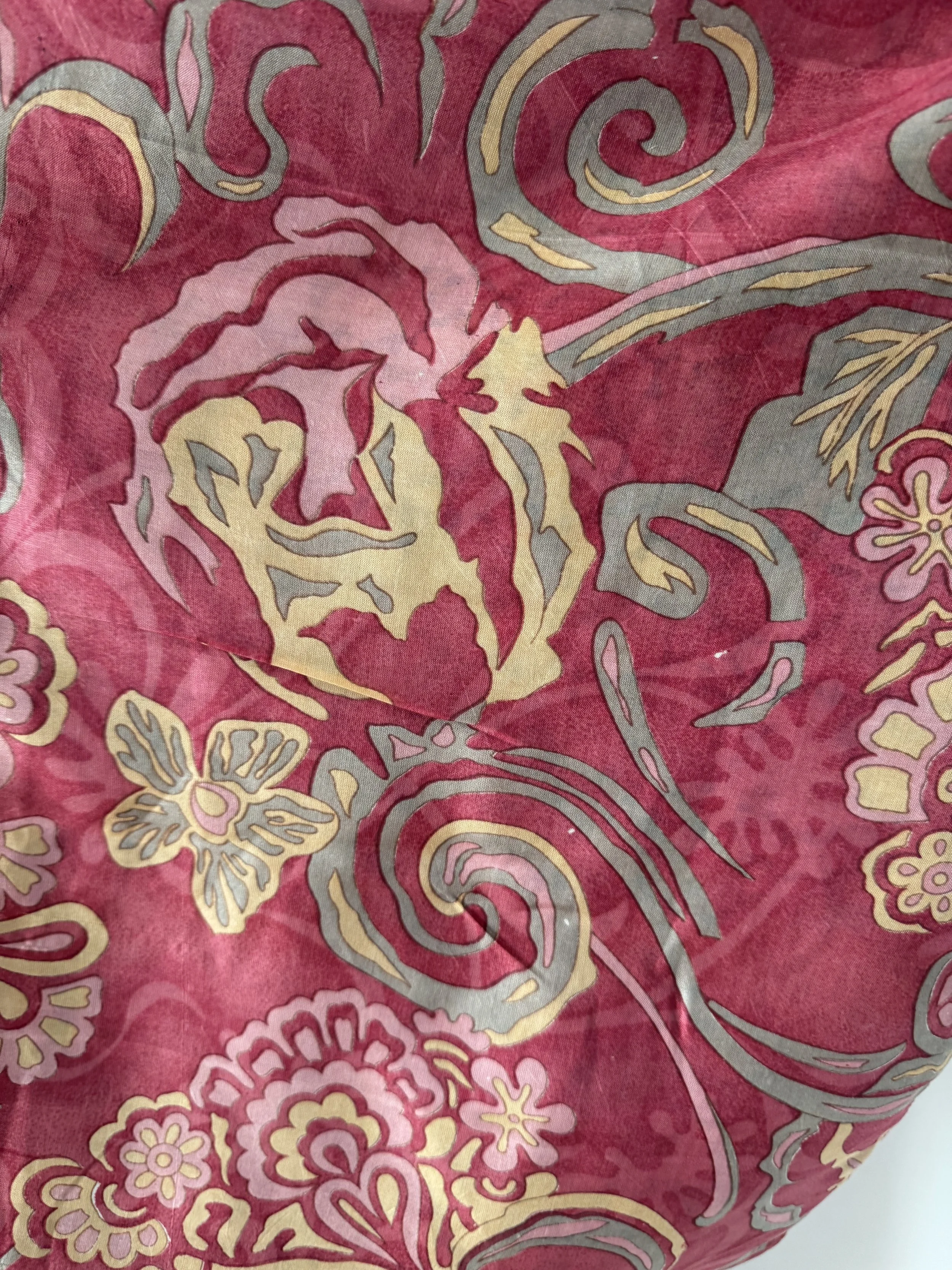 Close up of pink lining with green and yellow bold floral design
