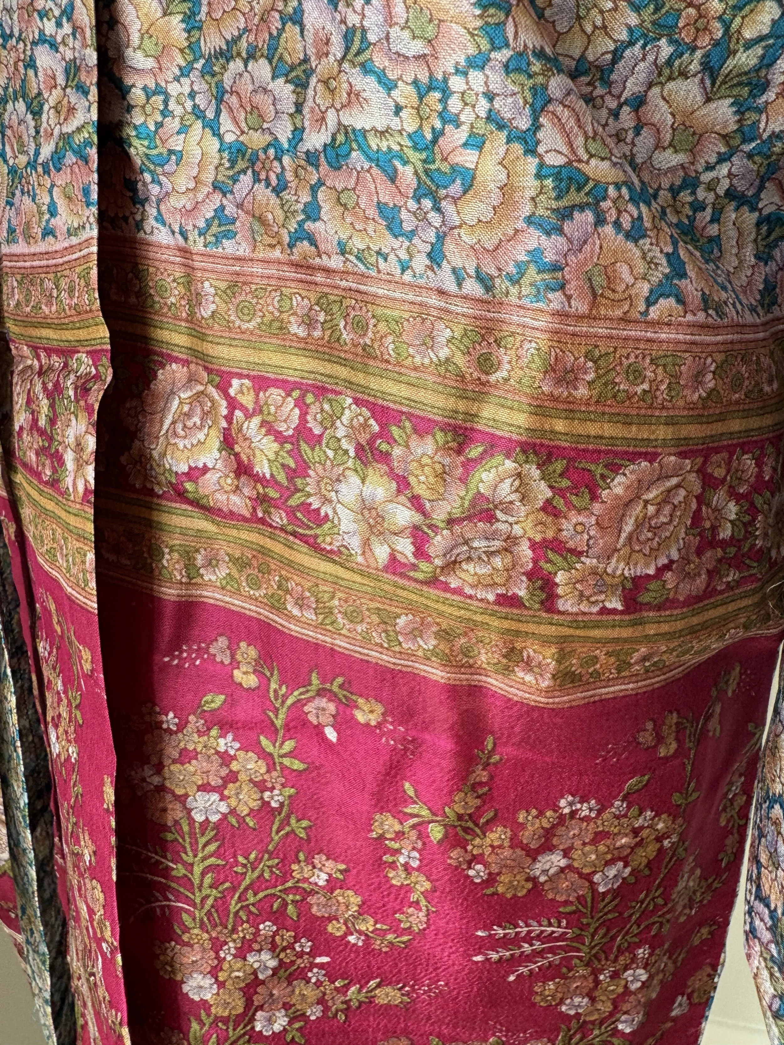 Pink and blue floral pattern on upcycled sari silk kimono robe
