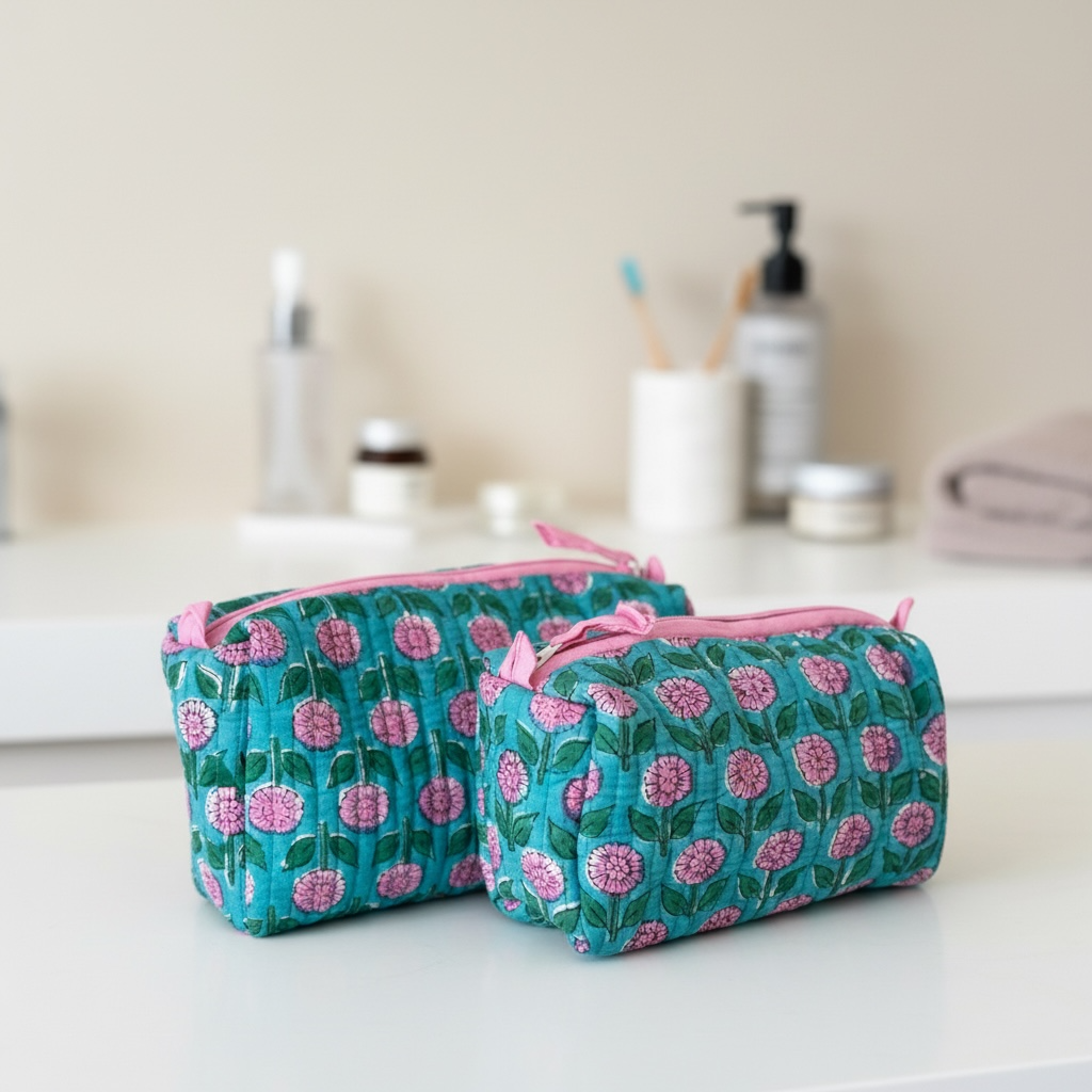 Block print quilted cotton wash bags in medium and large resting in a bathroom counter top with toiletries in the background