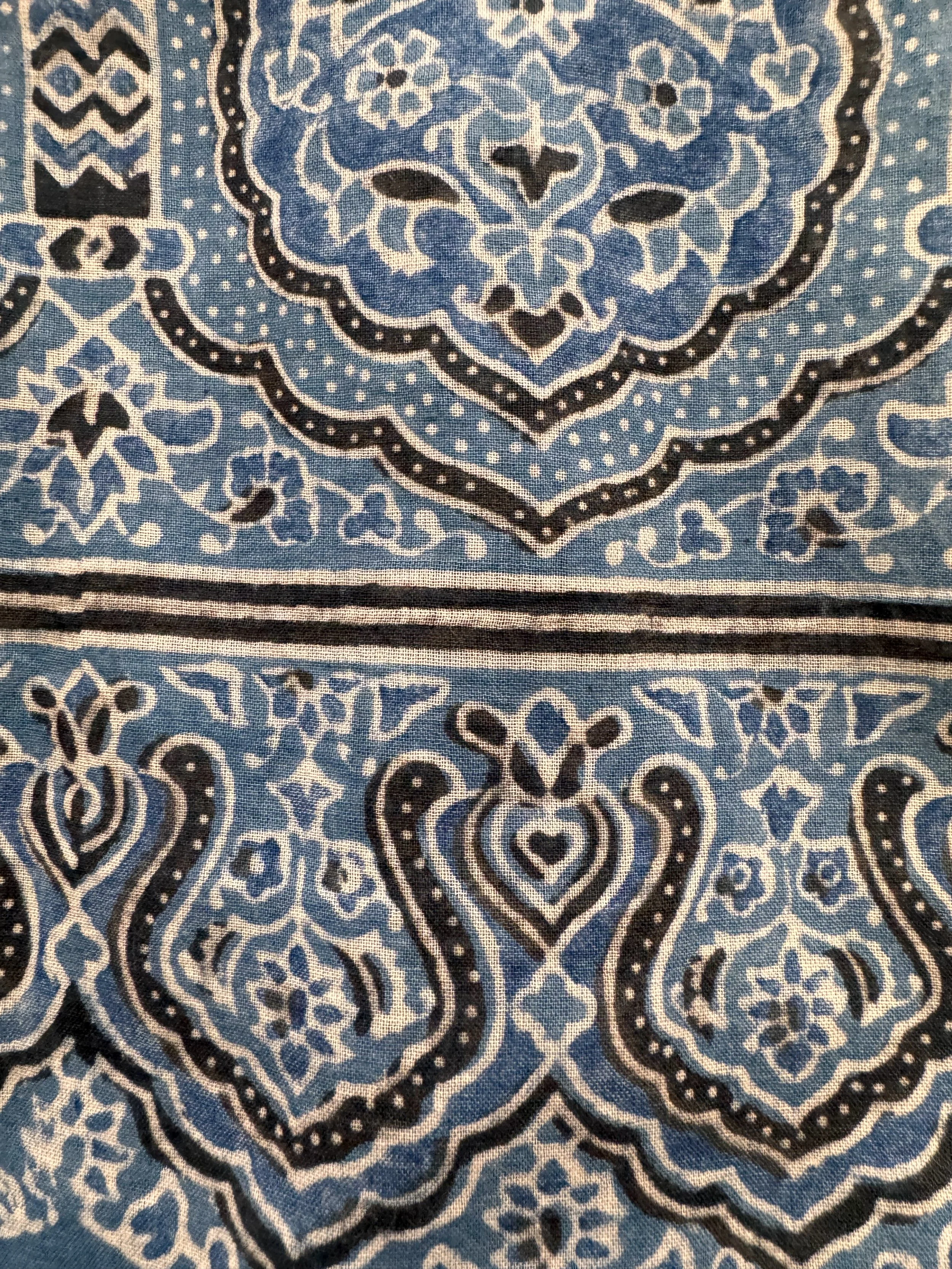 Close-up of Ajrakh block print border on indigo cotton scarf with black and white scalloped motifs