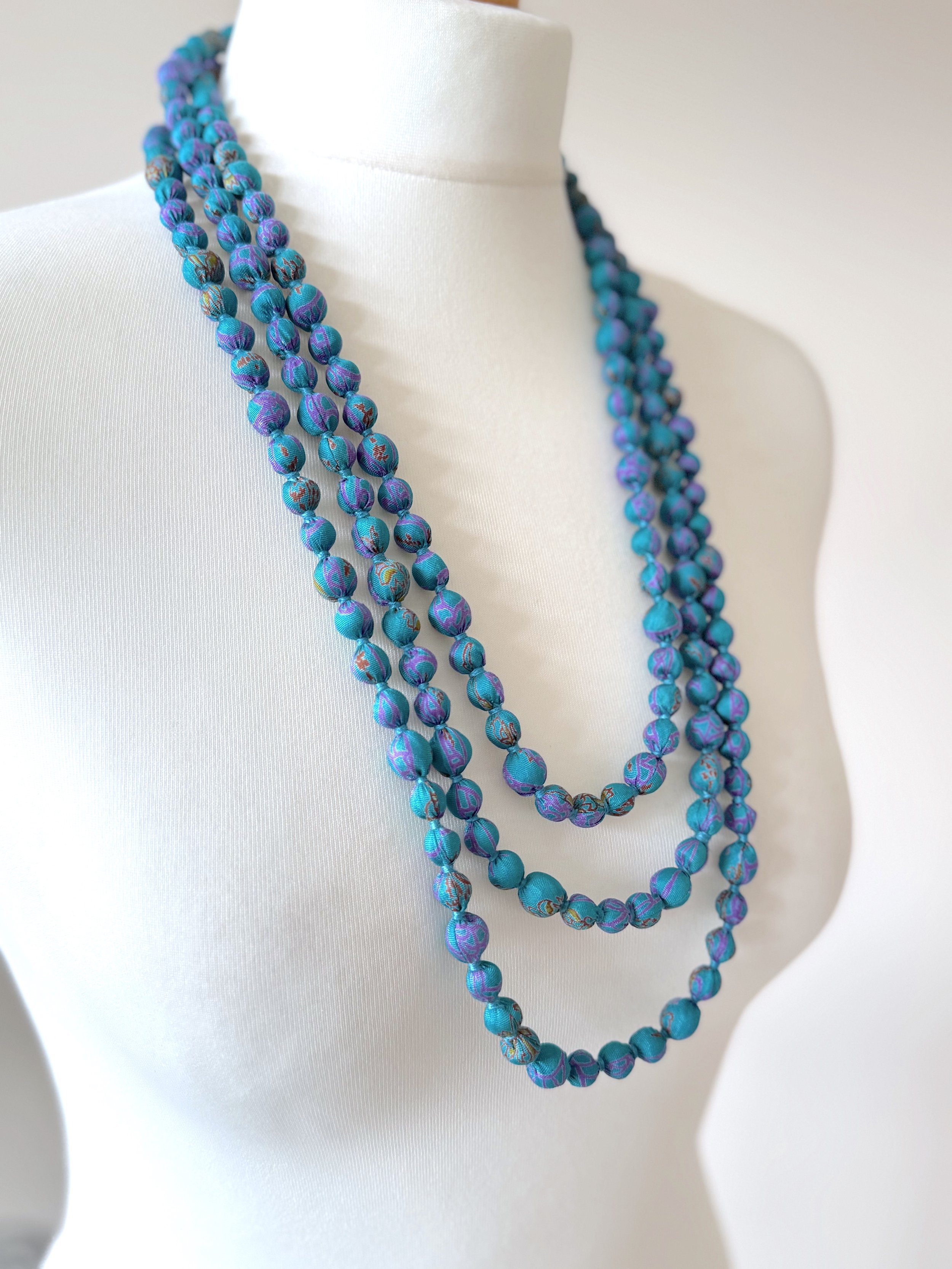 Long bead necklace for women handmade from recycled sari silk