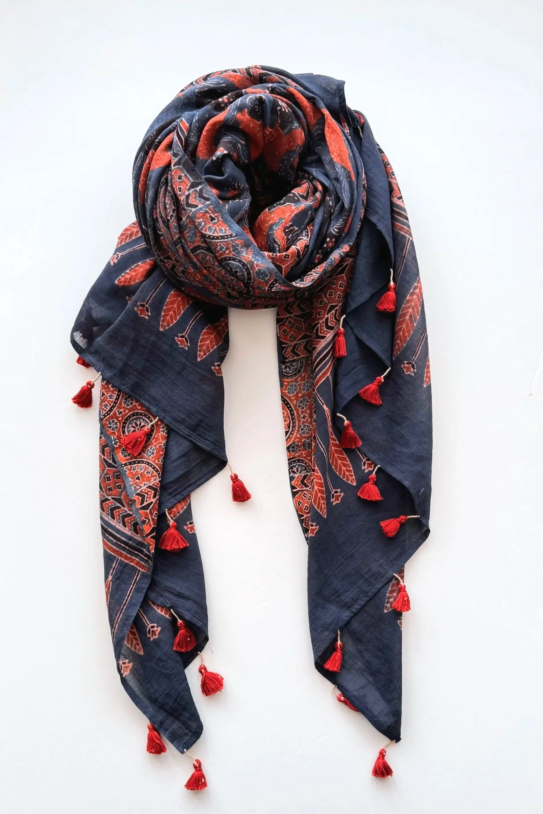 Indigo & Rust Red Ajrakh Shawl | Oversized Cotton Scarf