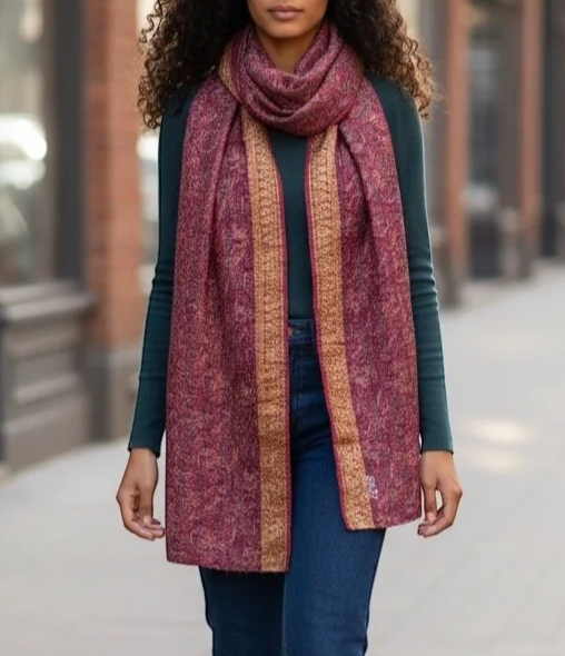 Long Silk Kantha Embroidered Scarf -Blush/Magenta