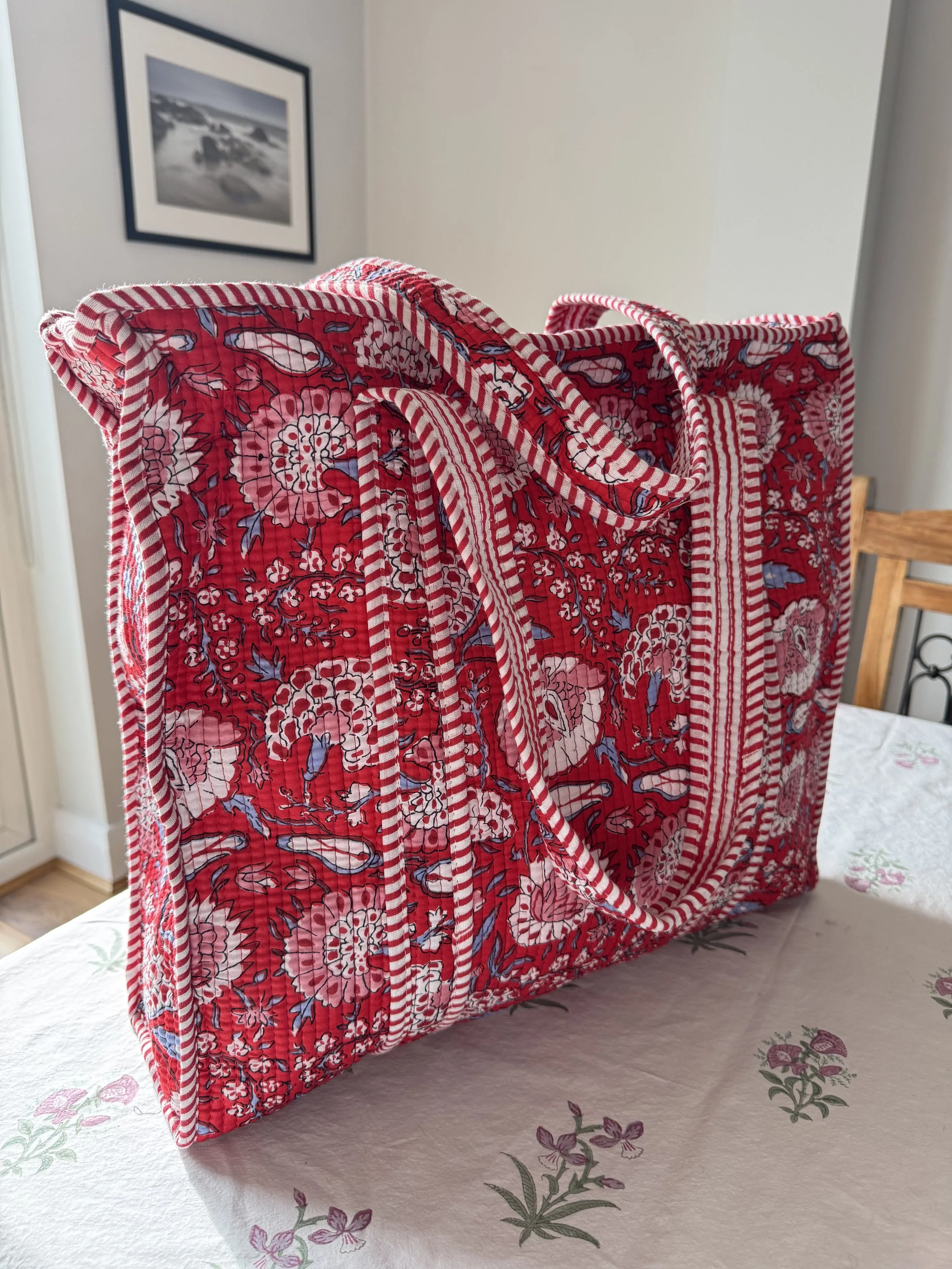 Handmade poppy red screen print quilted cotton tote bag by Jewelled Buddha, hand printed by artisans in Jaipur, India.