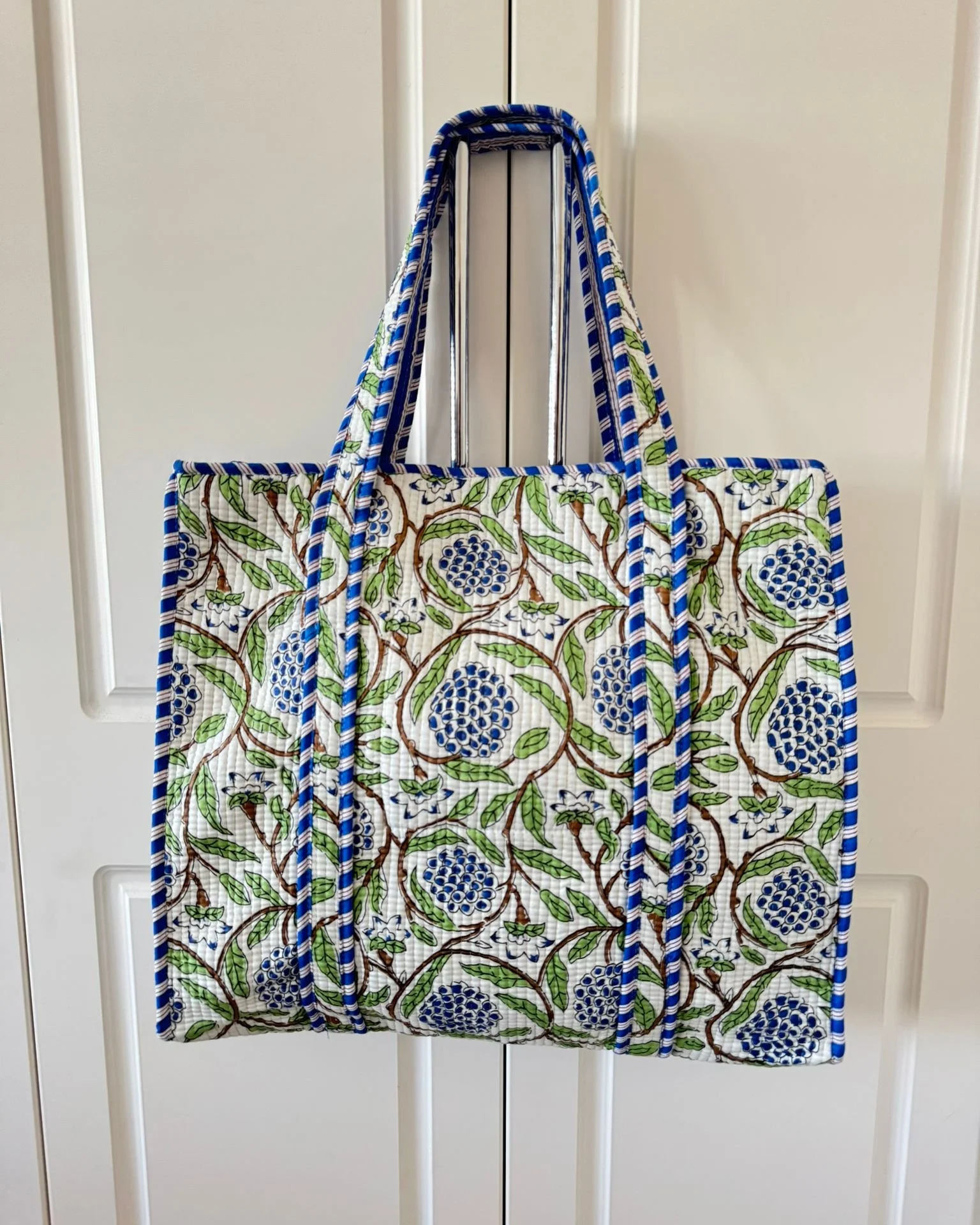 Handmade Quilted Cotton Shoulder Bag - Berry Blue/Vine Green