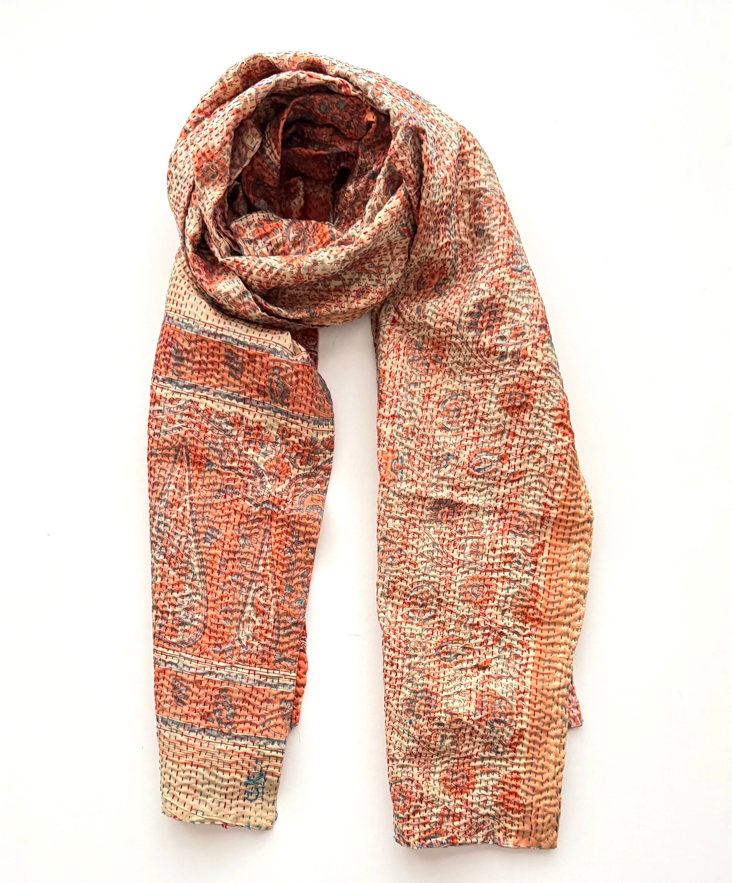 Peach floral print summer silk wrap handmade from recycled sari silk and hand embroidered all over with Kantha stitch.