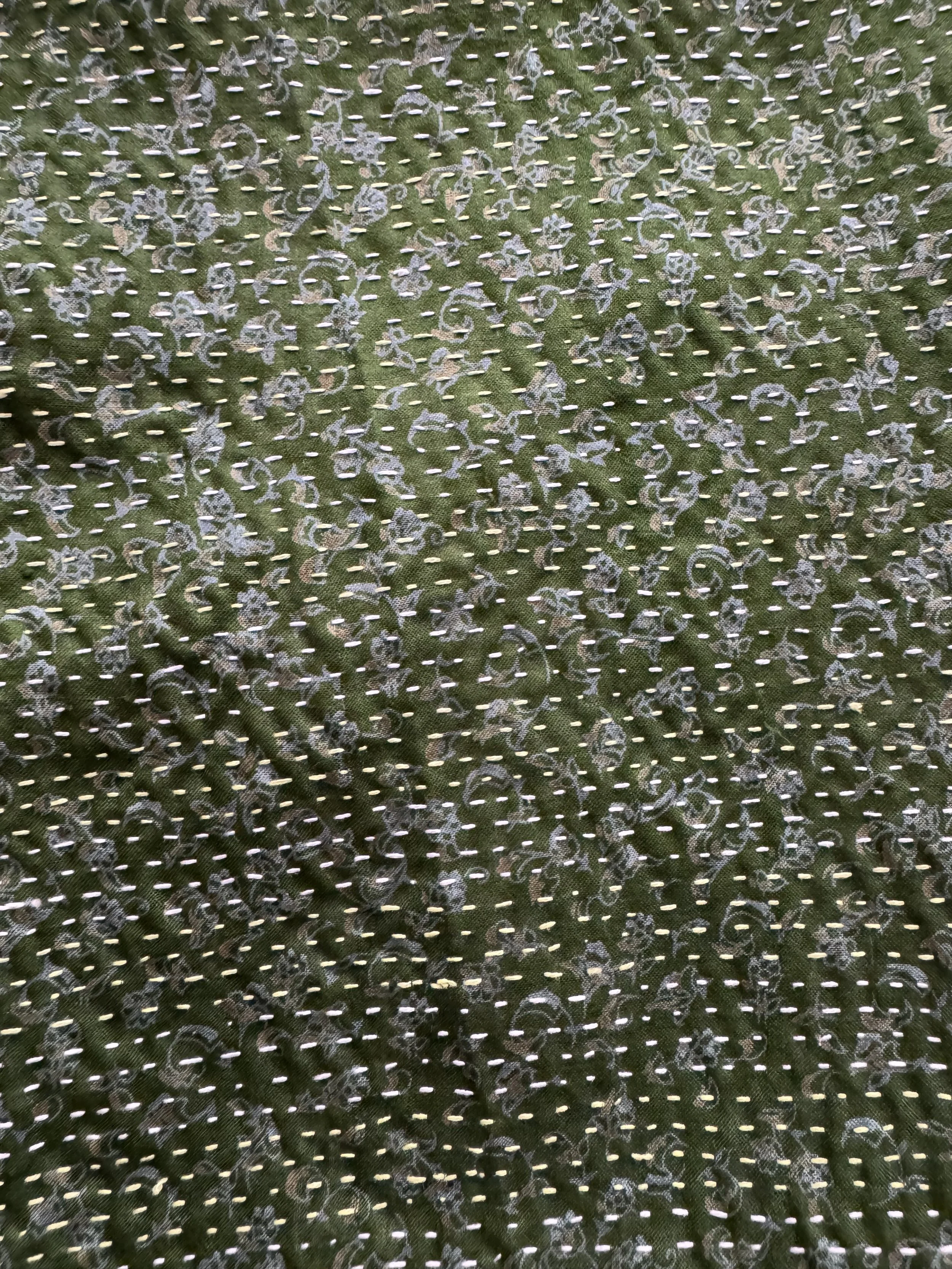 Hand embroidered green kantha scarf with kantha stitch detail