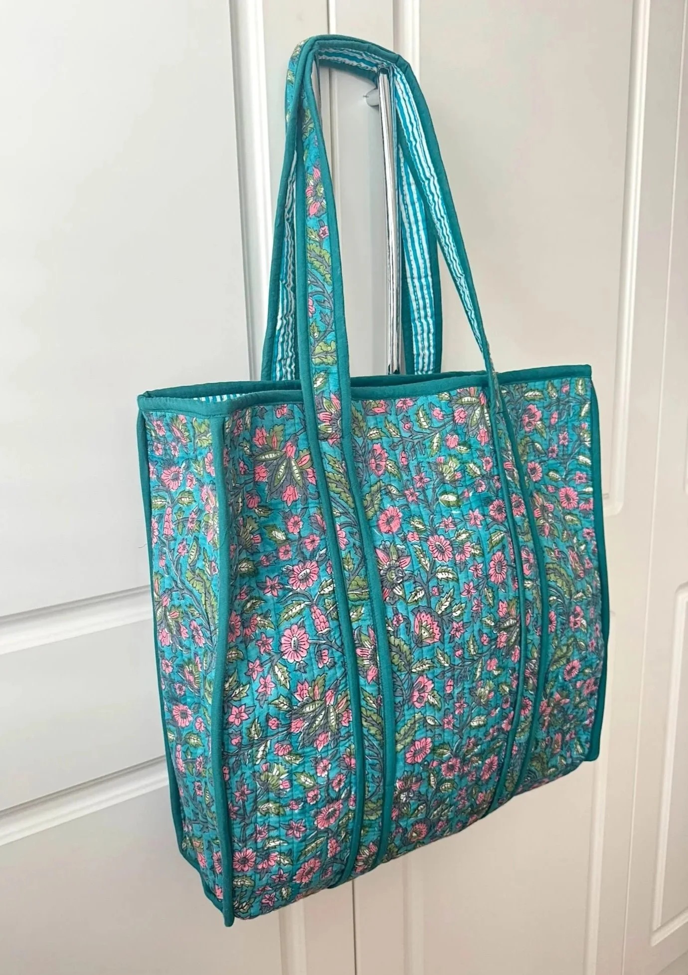 Floral Block Print Quilted Cotton Shopper - Teal