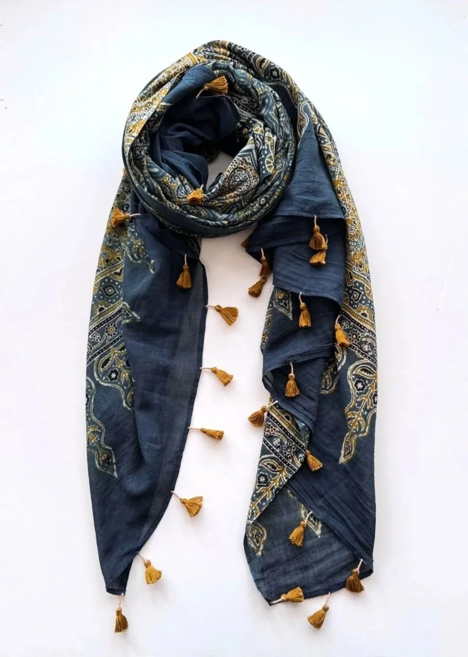 Indigo & Olive Ajrakh Shawl | Oversized Cotton Scarf