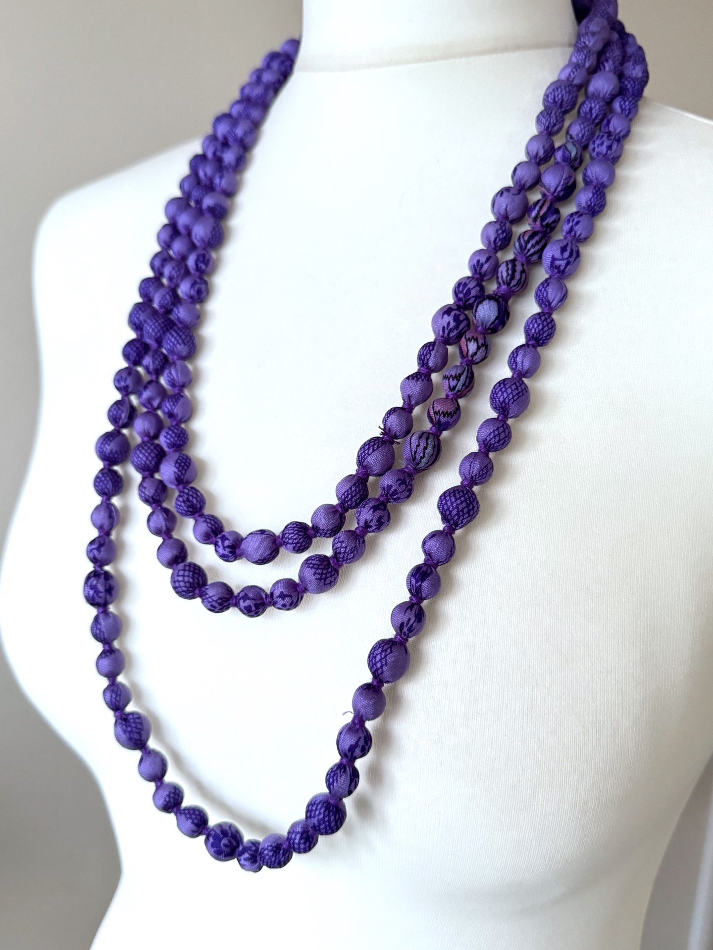 Eco-friendly upcycled sari long silk fabric necklace in Amethyst