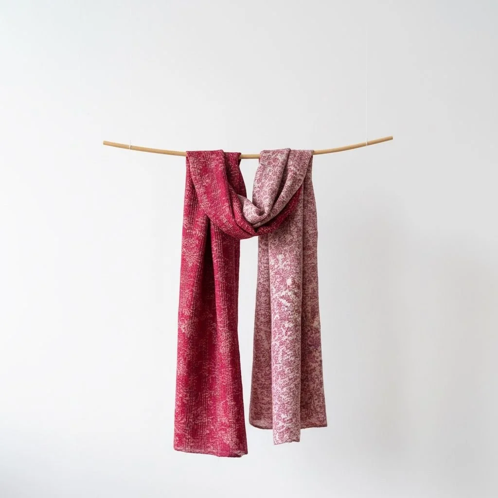 Floral Print Reversible Sari Scarf - Raspberry/Rose