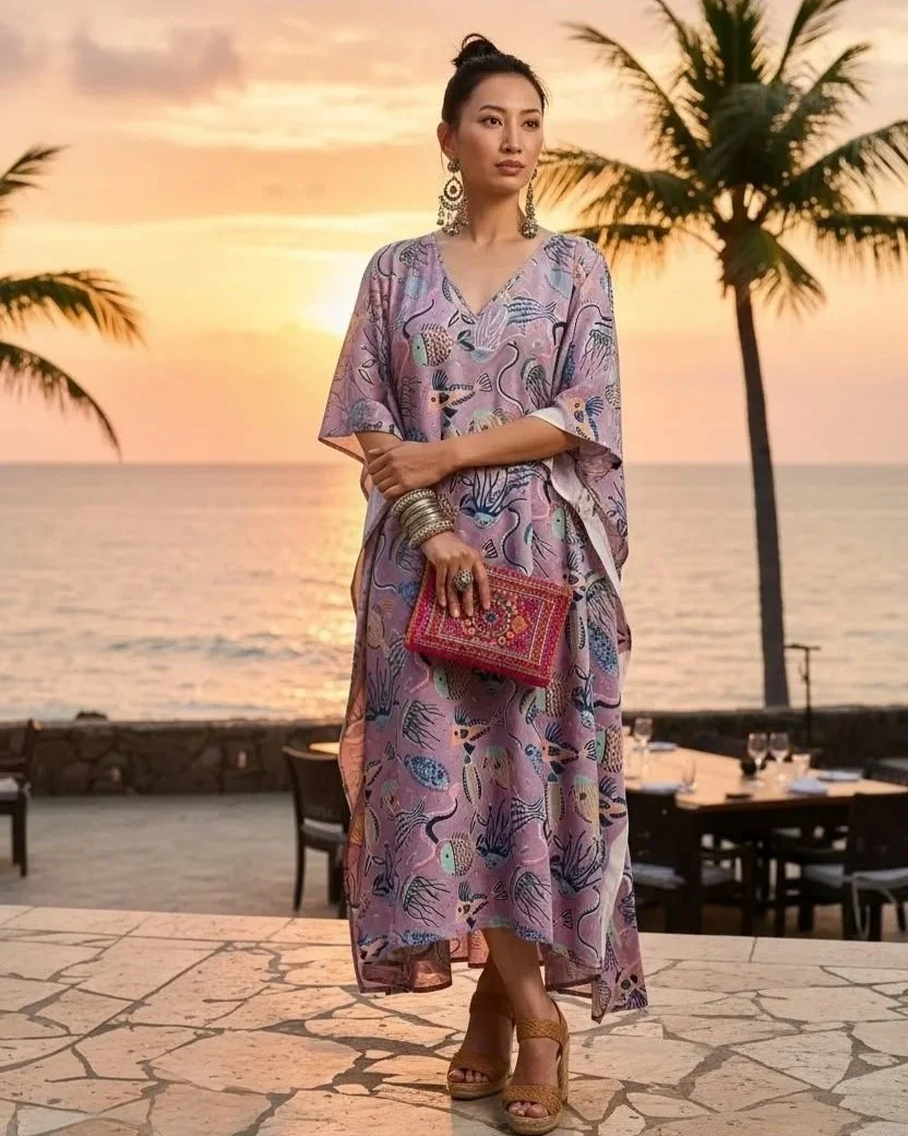 Woman wearing pink block print cotton kaftan dress standing at a restaurant by the sea with palm trees and the ocean behind her during sunset