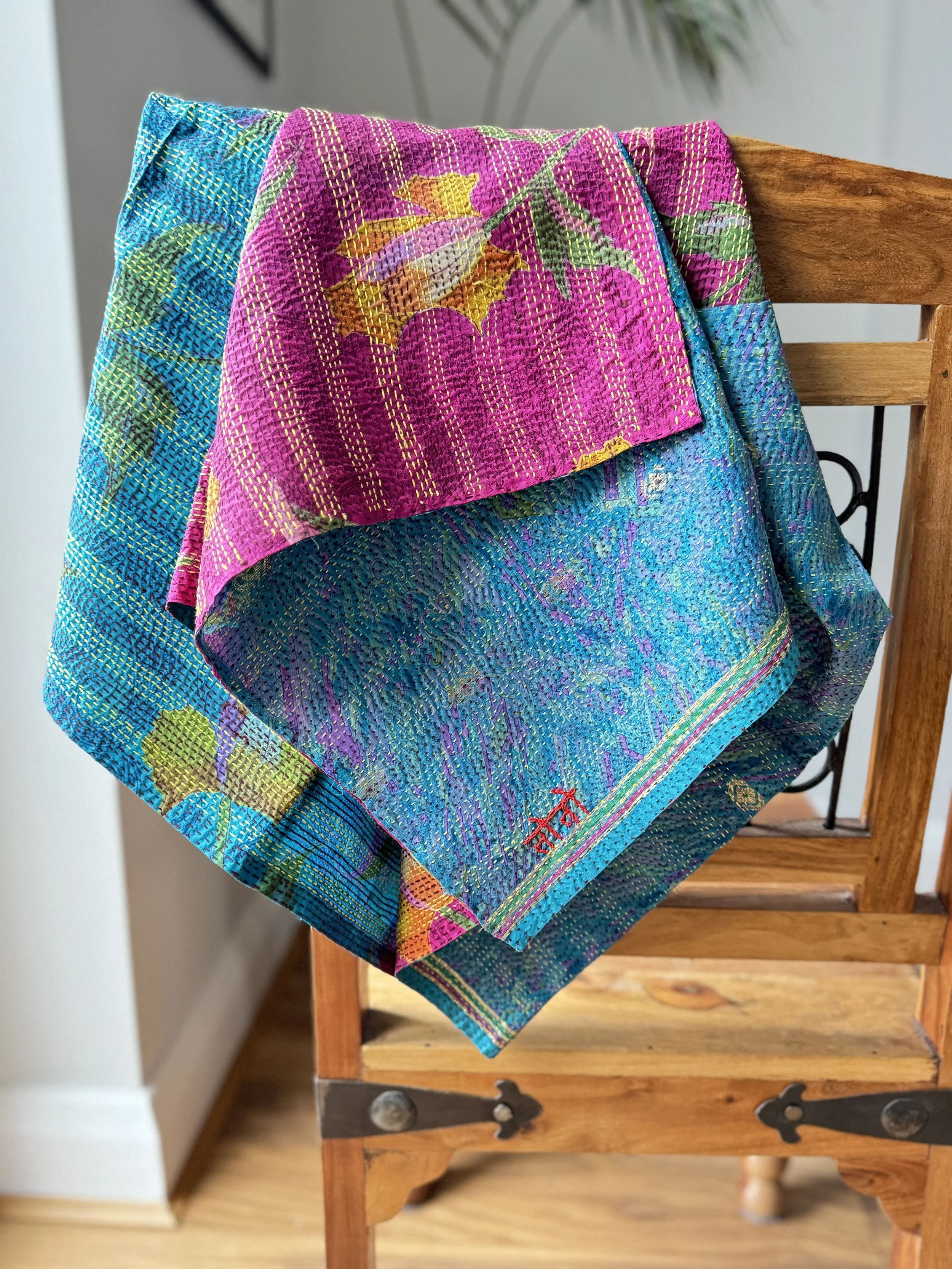 Bloom Print Kantha Sari Silk Scarf - Pink/Blue