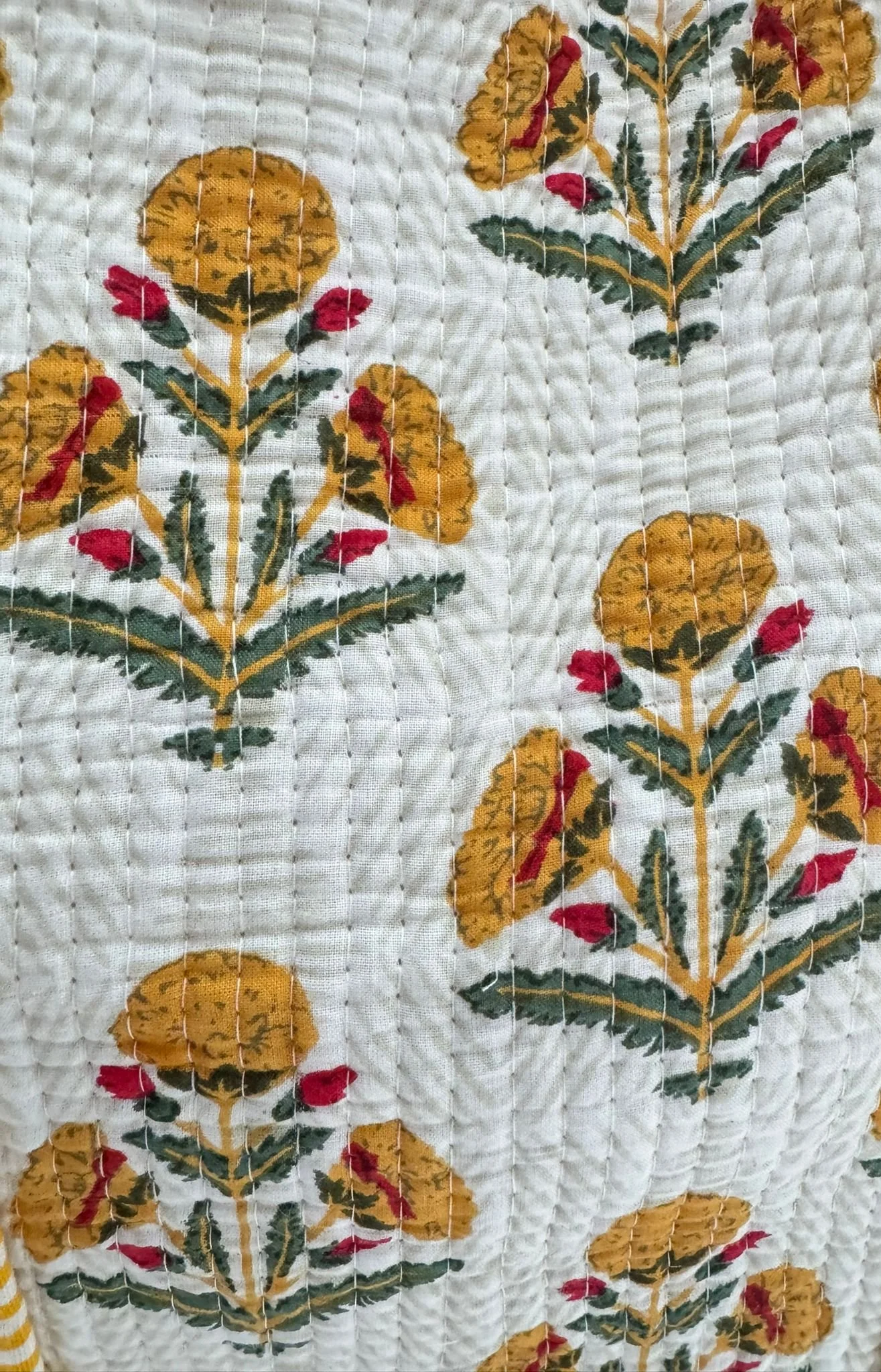 Pretty floral print cotton tote bag with yellow and green flower motifs with red detail