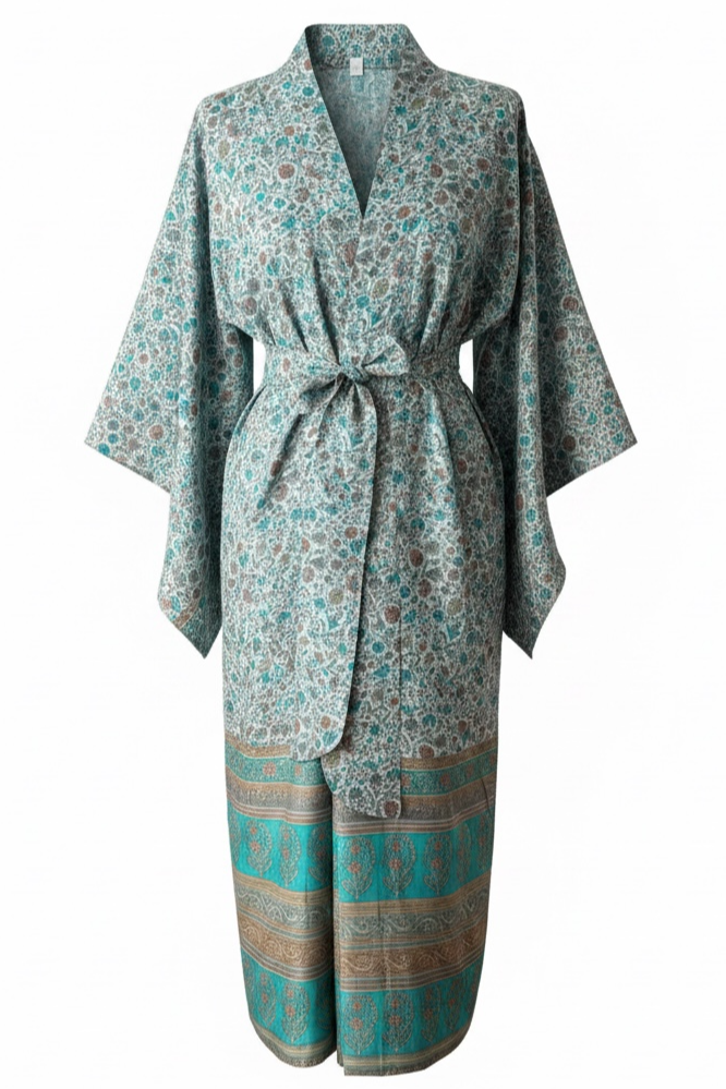 Full length recycled sari silk kimono robe in a floral print with blue and cinnamon flowers, with traditional kimono sleeves and silk tie belt displayed on a dressing mannequin
