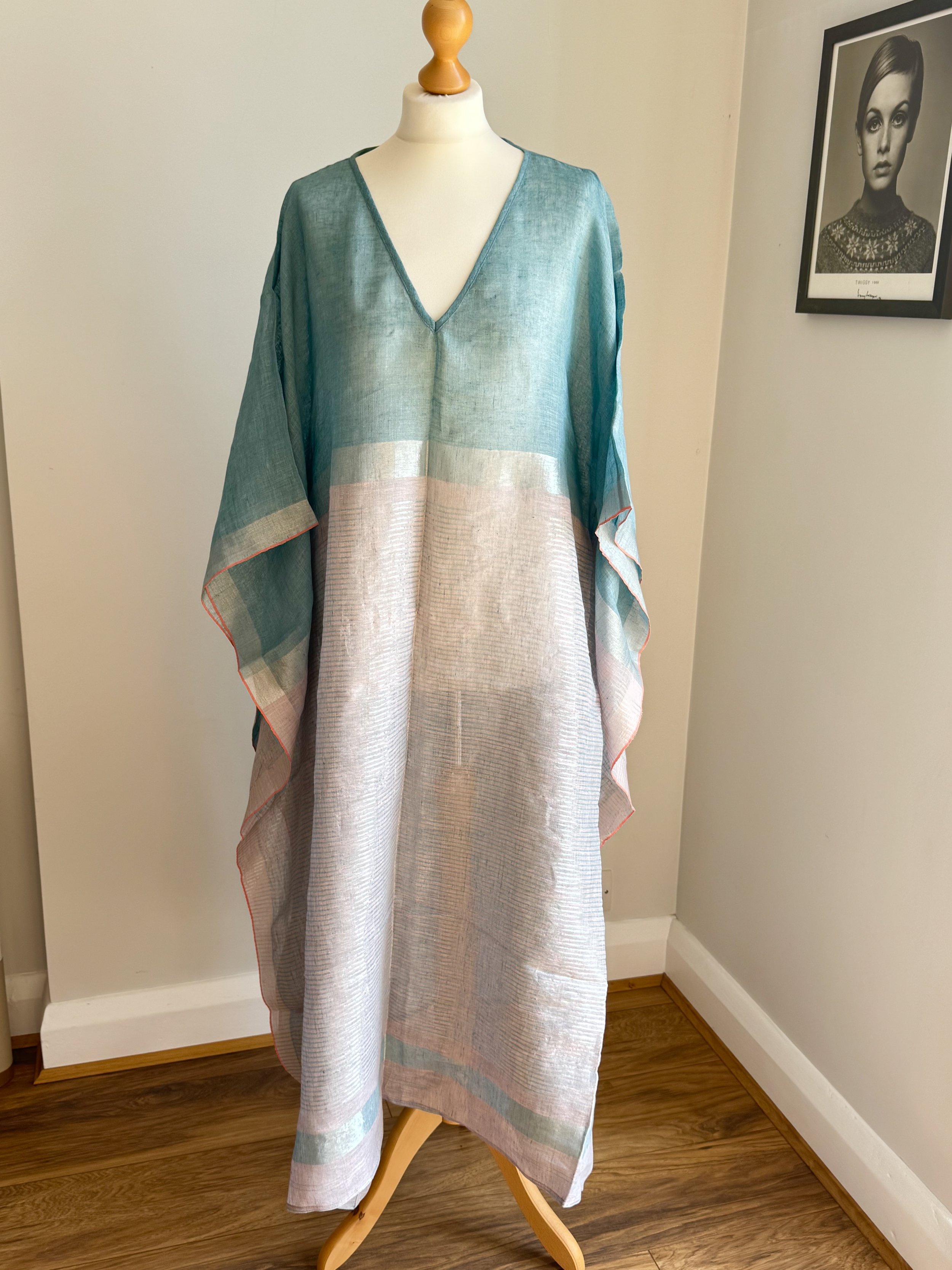 Ananya Linen Kaftan Dress - Blue/Pink/Silver