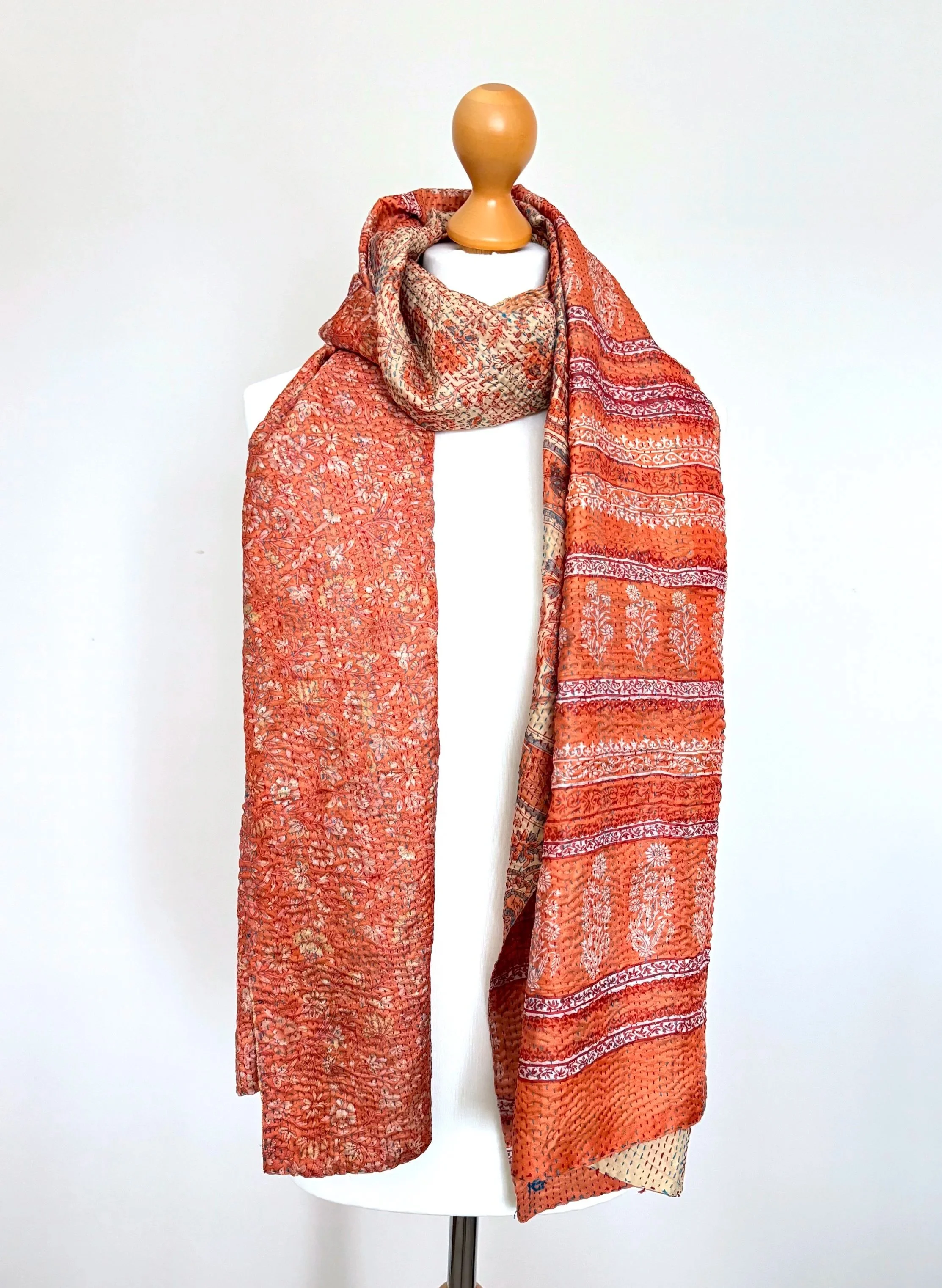 Colourful orange kantha silk scarf handmade from upcycled sari fabric and hand embroidered with kantha stitch