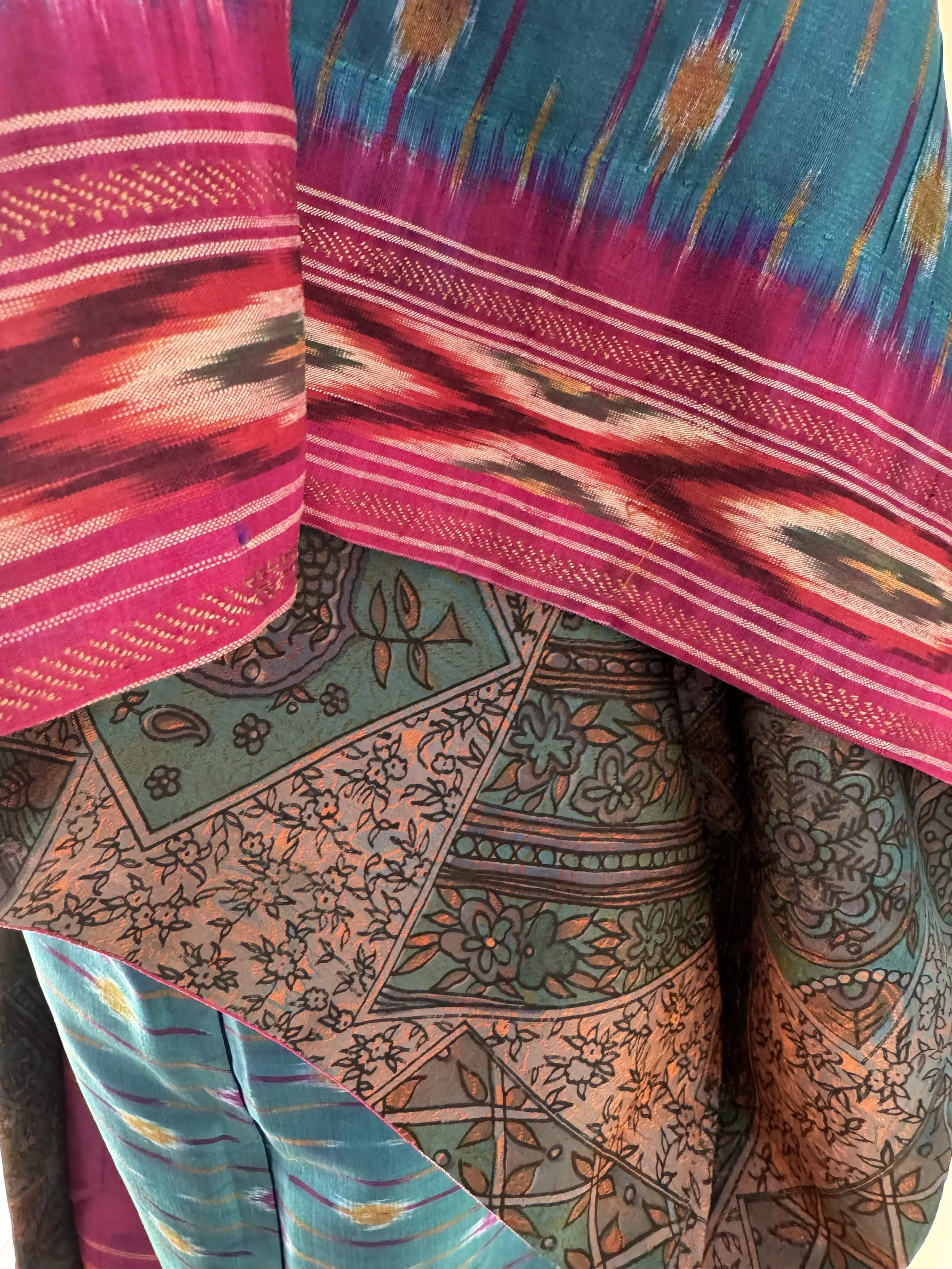 Vivid blue and pink silk lining on reversible silk kimono robe