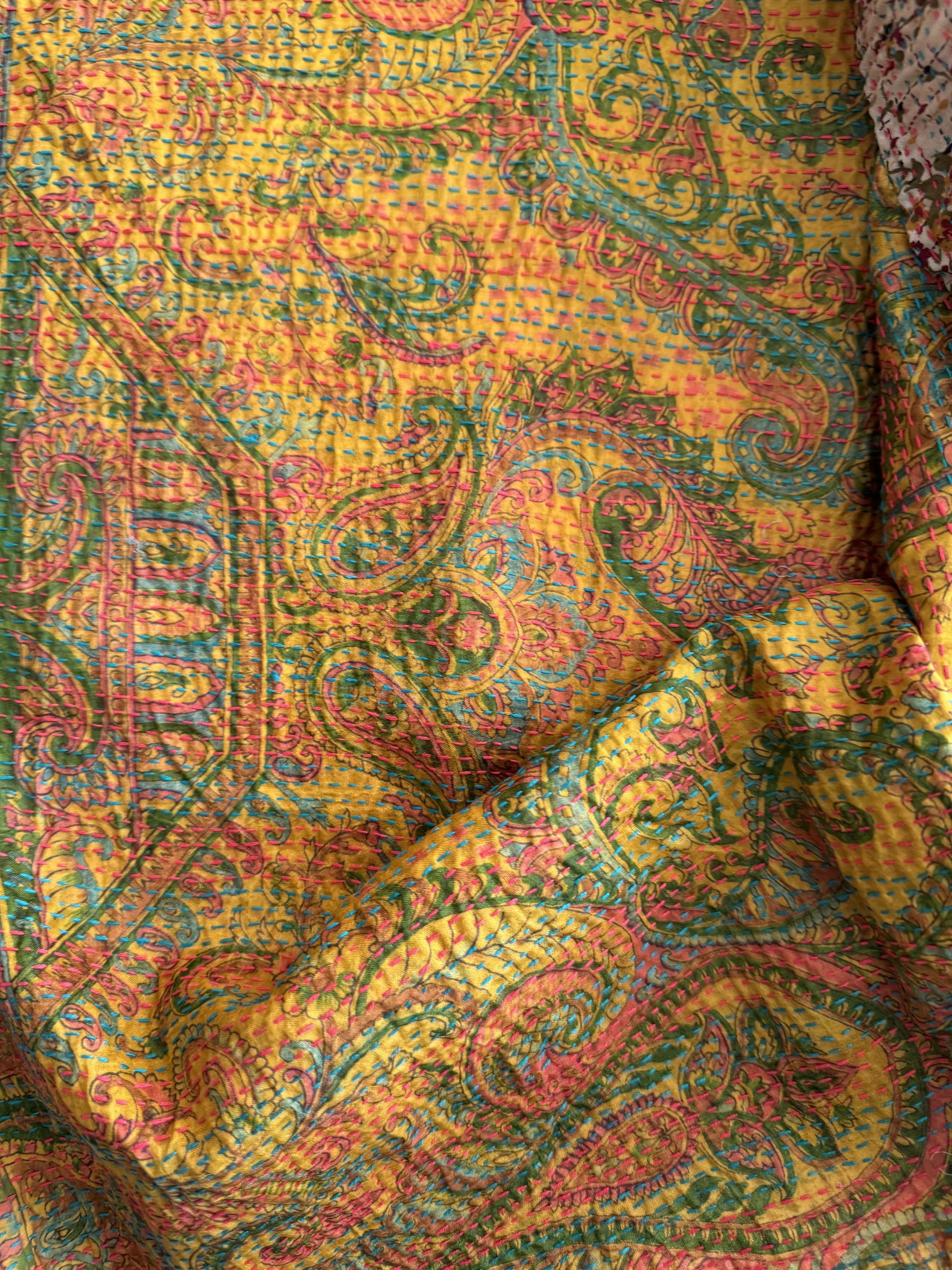 Upcycled sari silk scarf with kantha embroidery on a floral fabric