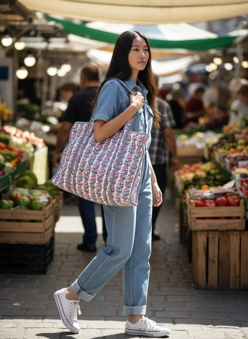 Woman in food market carrying handmade screen printed quilted cotton tote bag in pink and blue floral vine by Jewelled Buddha